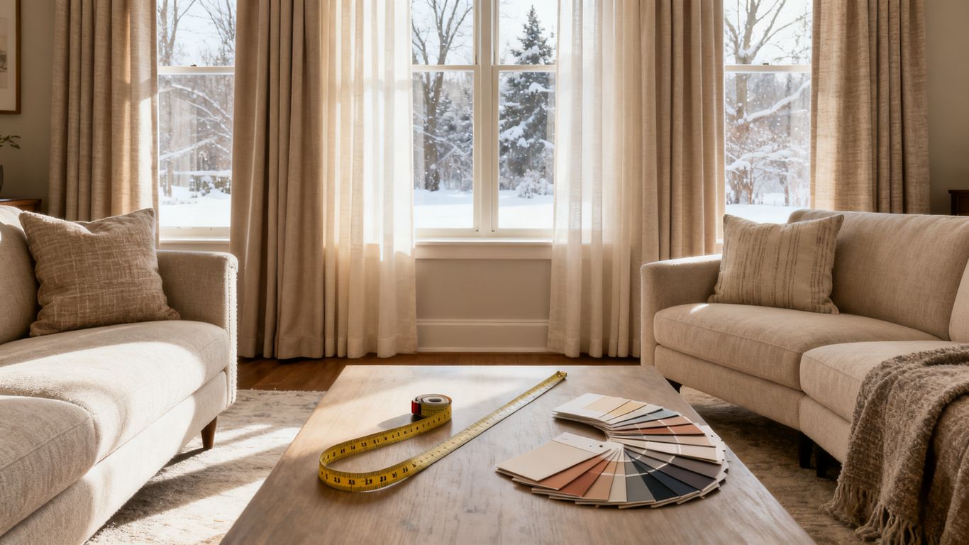 Bright living room with custom window treatments