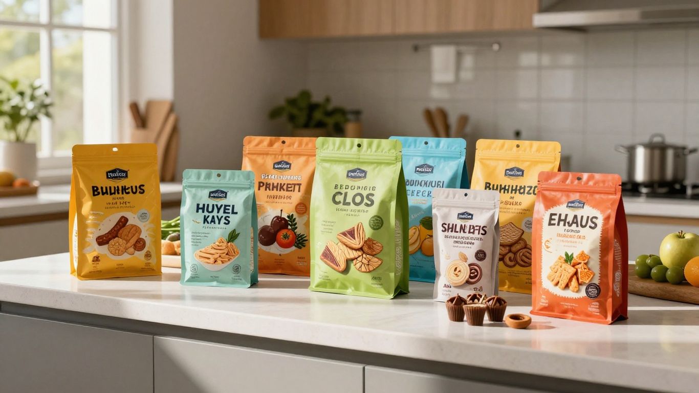 Healthy and indulgent snacks on a kitchen counter.