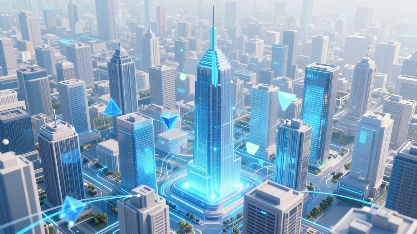 Futuristic cityscape with glowing digital connections