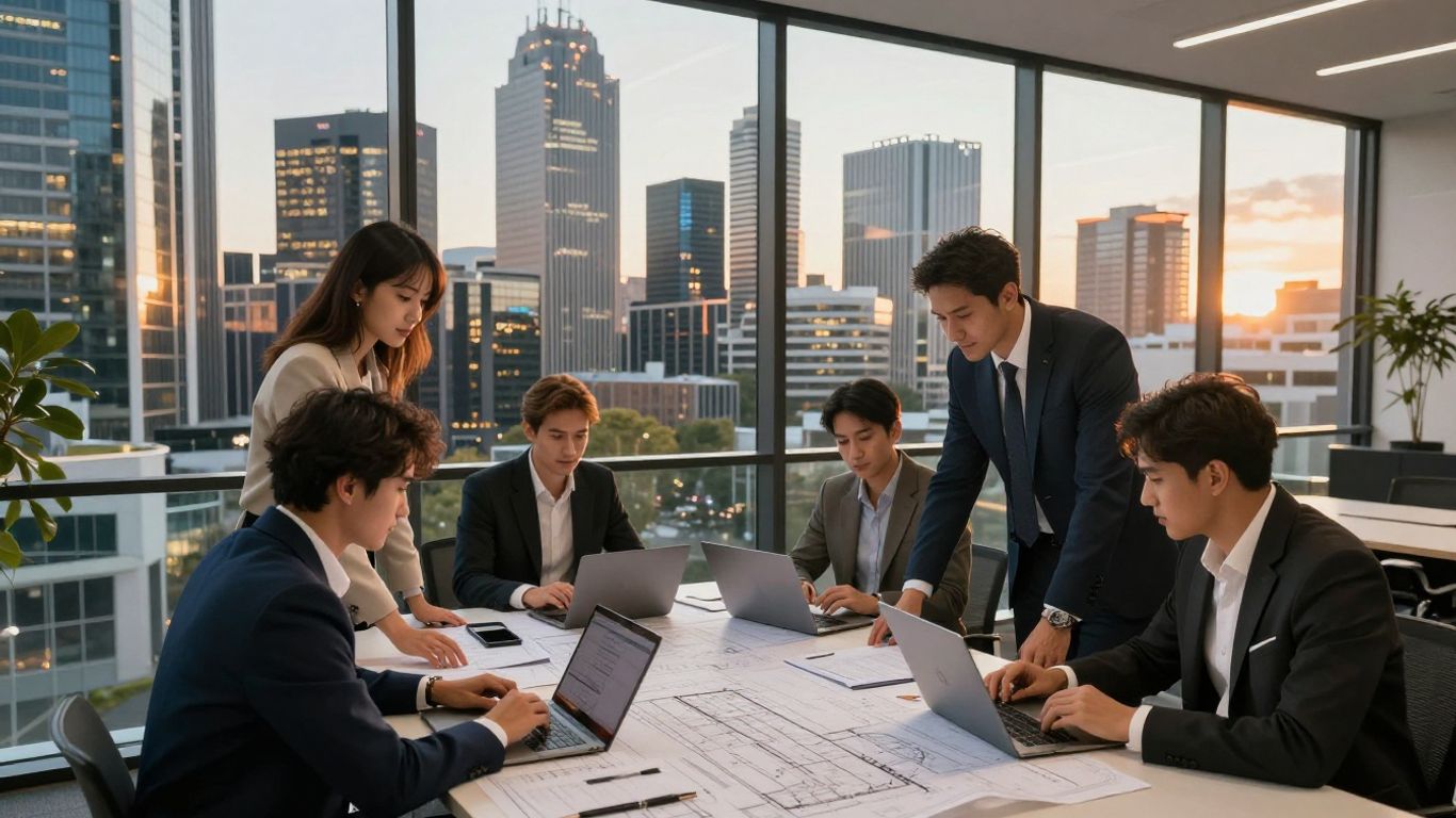 Australian entrepreneurs networking and discussing funding in a modern office.