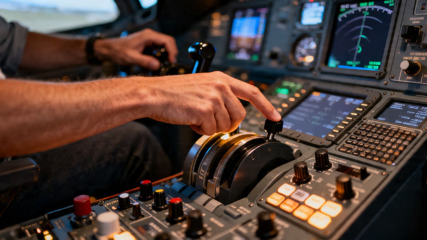 Hands operating a flight simulator control panel.