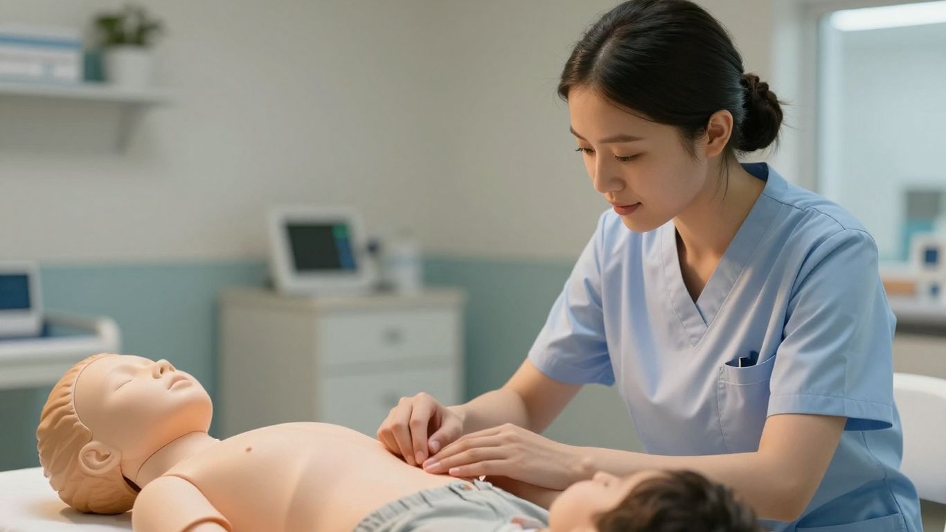 Nurse teaching CNA student medical procedure on dummy.