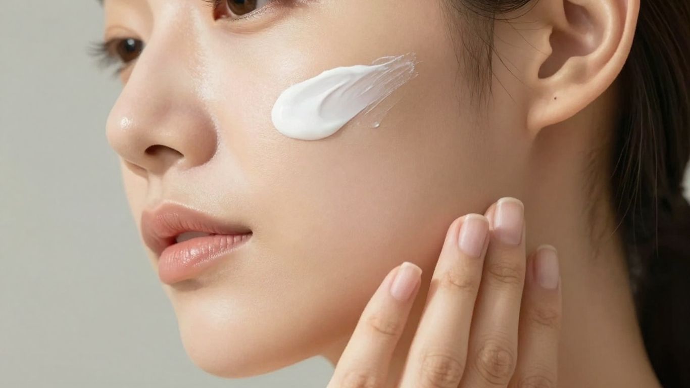 Person applying sunscreen indoors.