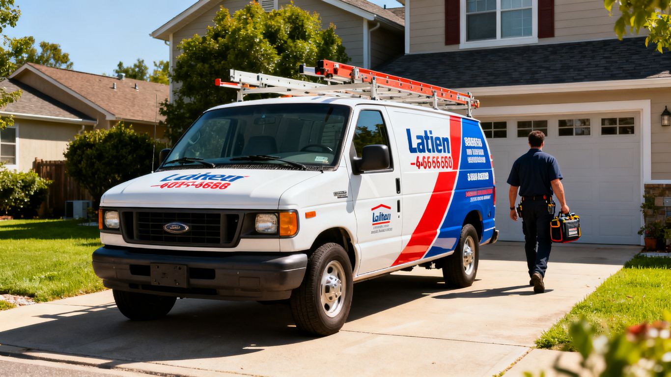 HVAC service truck parked in suburban driveway