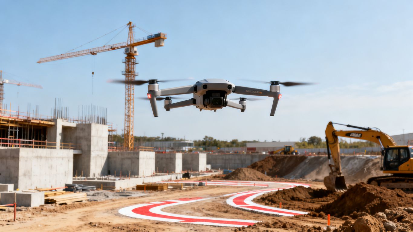 Drone flight over active construction site