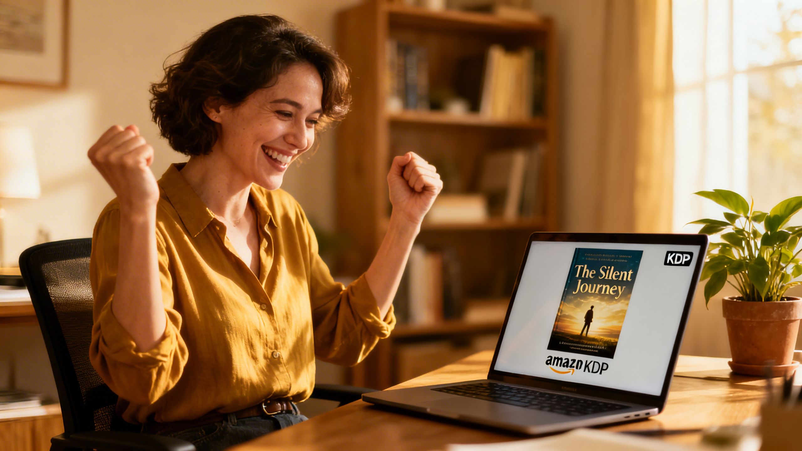 An author celebrating in front of their laptop displaying their book cover on Amazon KDP