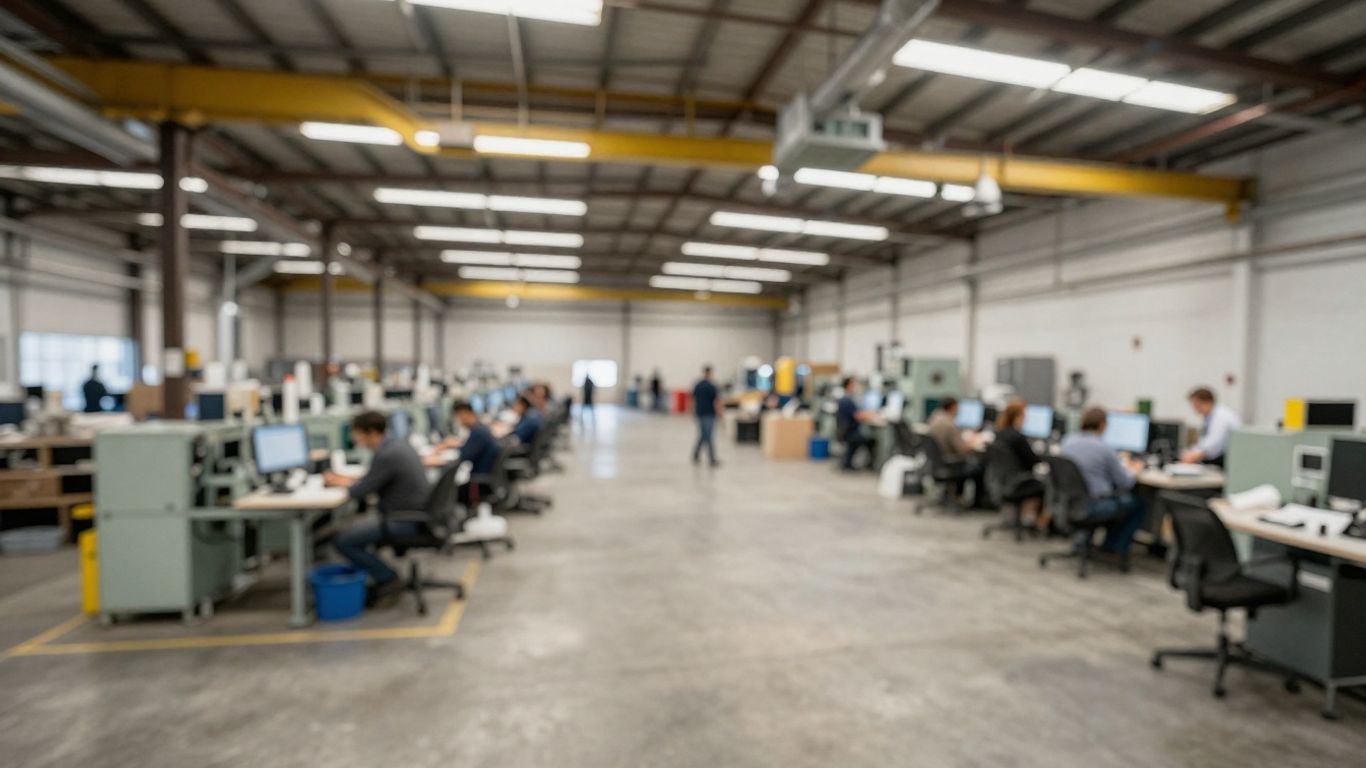 Blurred interior of a Manhattan warehouse with operations teams.