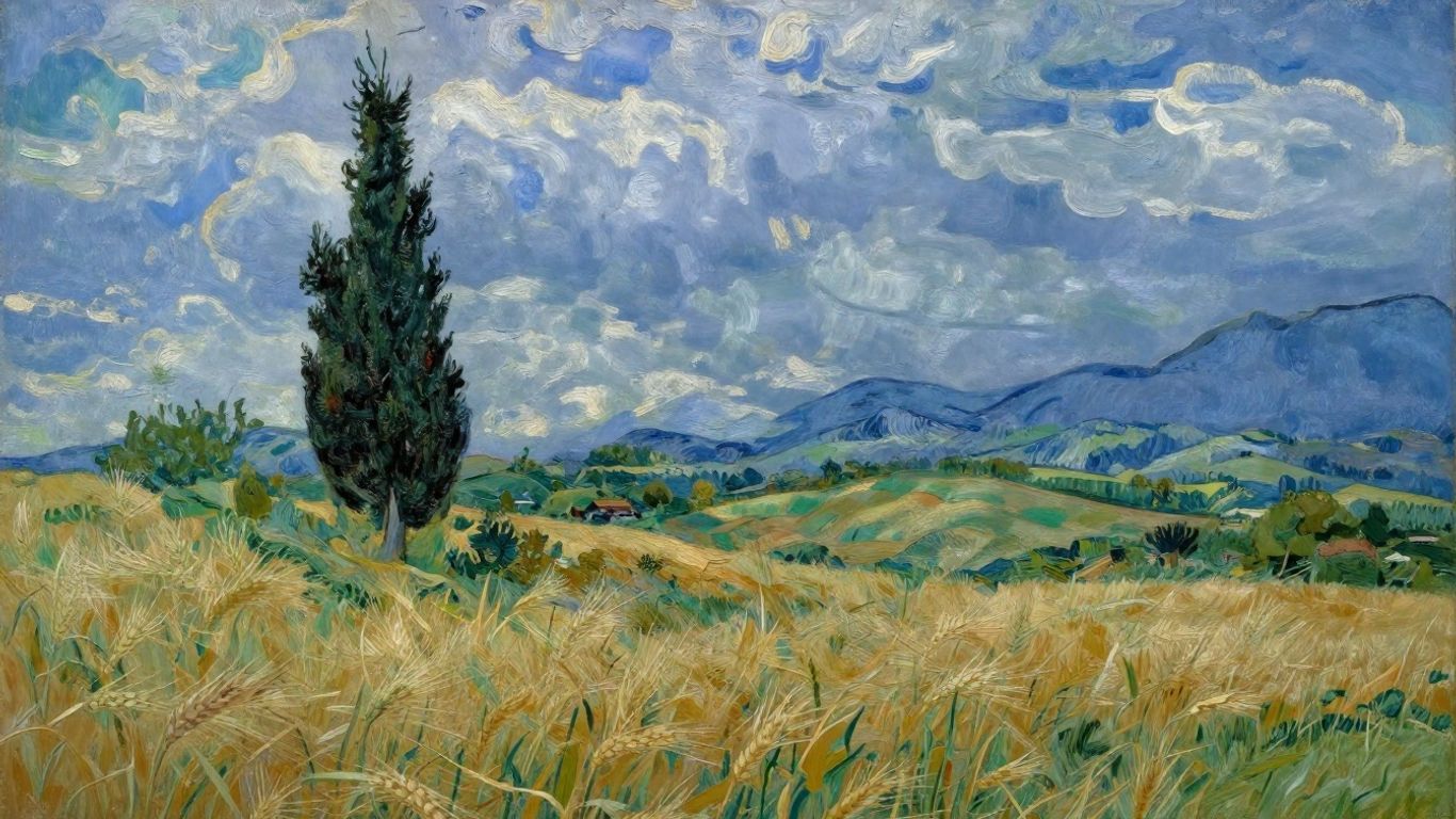 Wheat field and cypress tree under a dramatic sky.