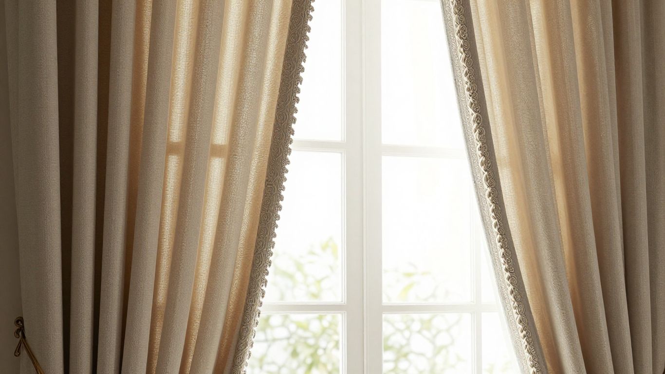 Elegant window treatments with sunlight streaming through.