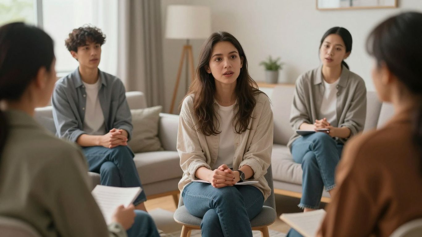 People in a supportive group discussion about behavioral health.