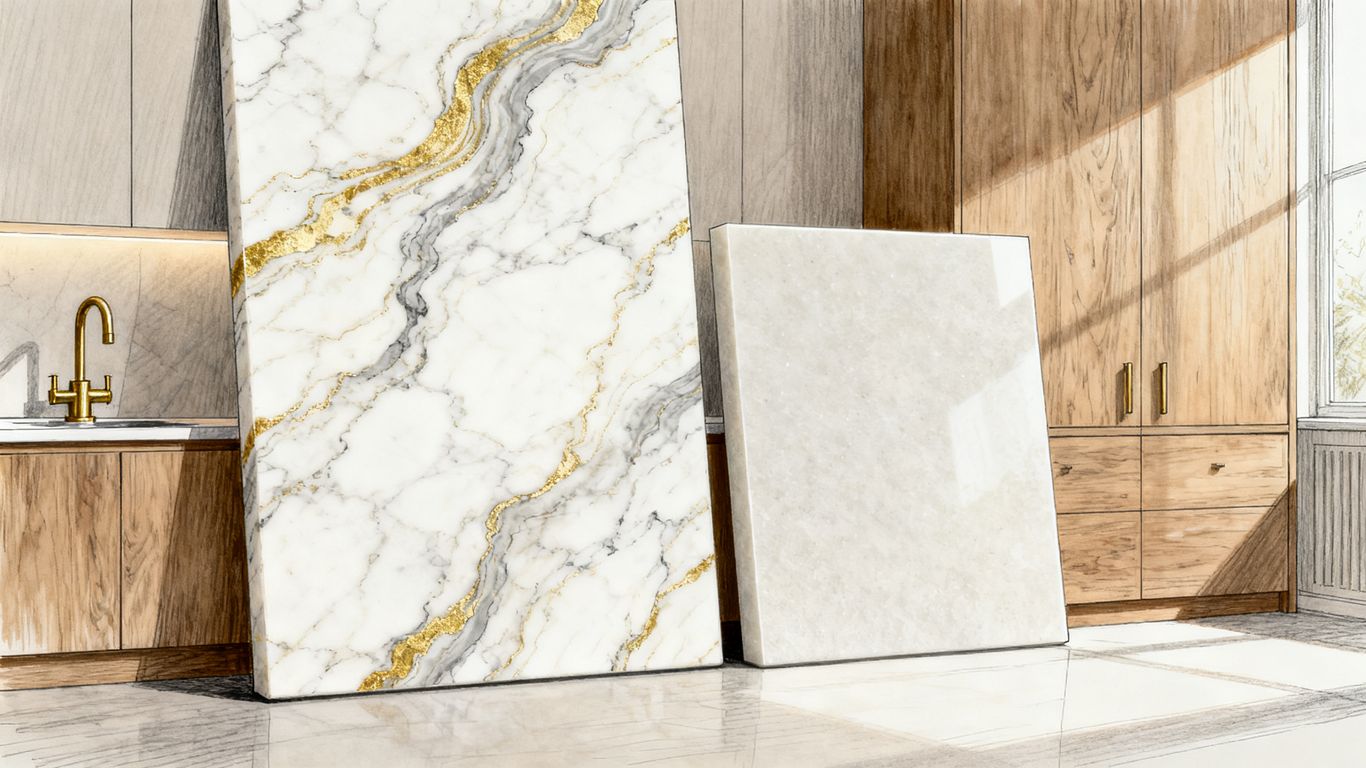 Superficies blancas Calacatta Gold junto a mármol veteado