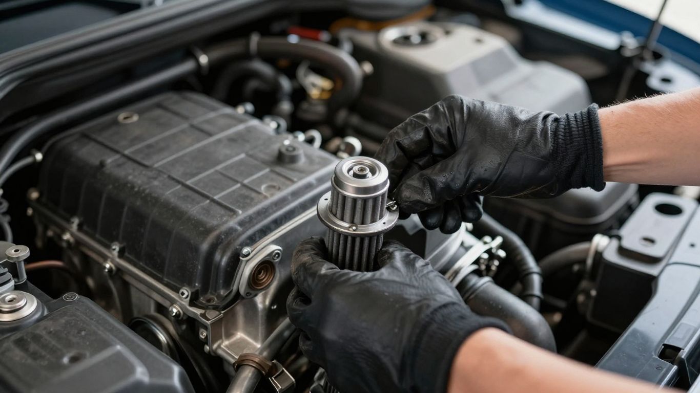 Hands of a mechanic working on a car engine under the hood