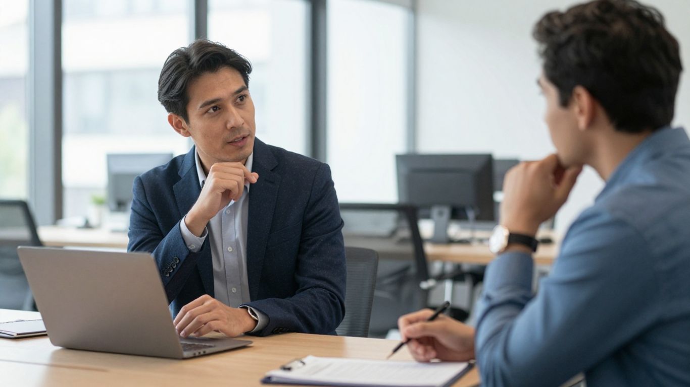 Personen im Gespräch in einem modernen Büro mit dezenten blauen Akzenten.