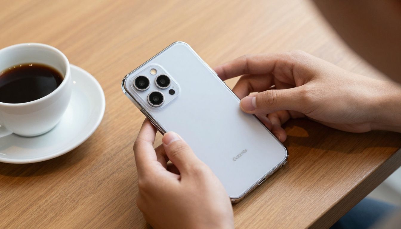 A person carefully putting a new, clear case on their Galaxy S25 Edge phone, with a cup of coffee on the table beside them.
