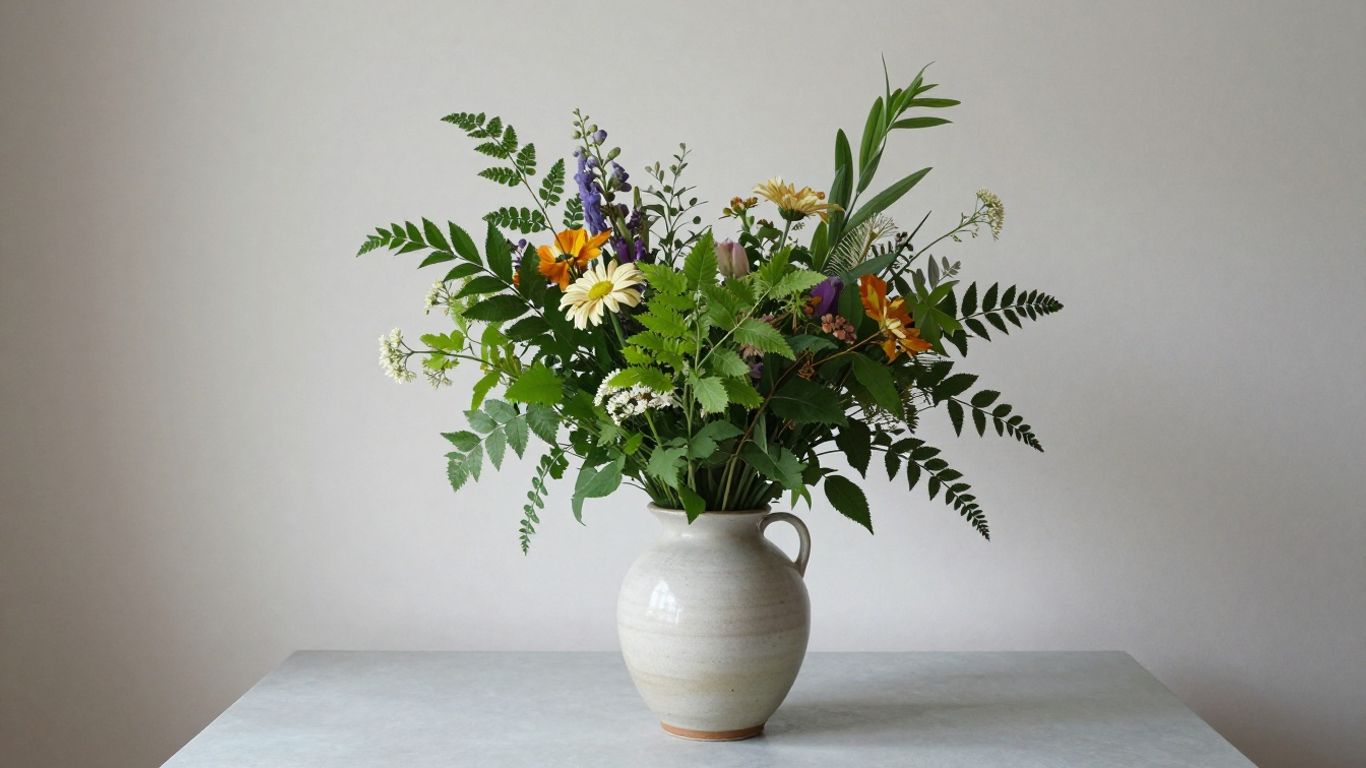 Colorful flower arrangement on cool shaded table