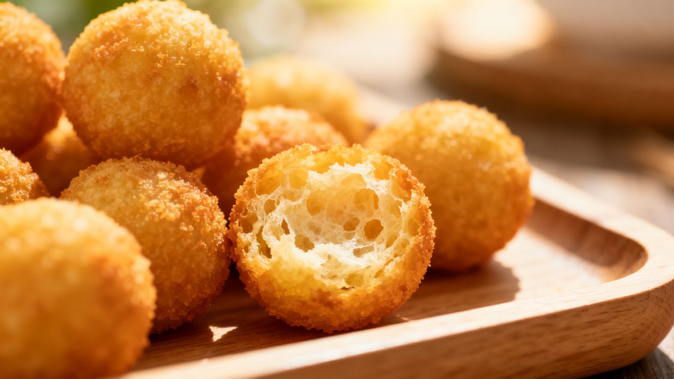 Freshly fried golden buñuelos displayed on a wooden tray