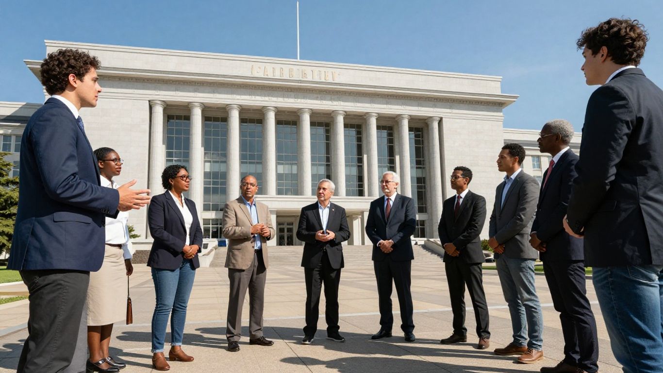 Gente discutiendo frente a un edificio gubernamental.