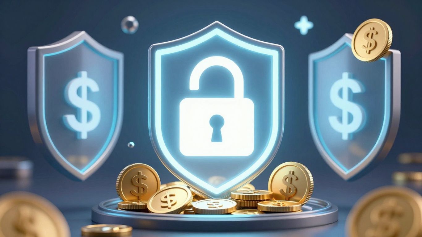 Caja fuerte digital con escudo protector y monedas.