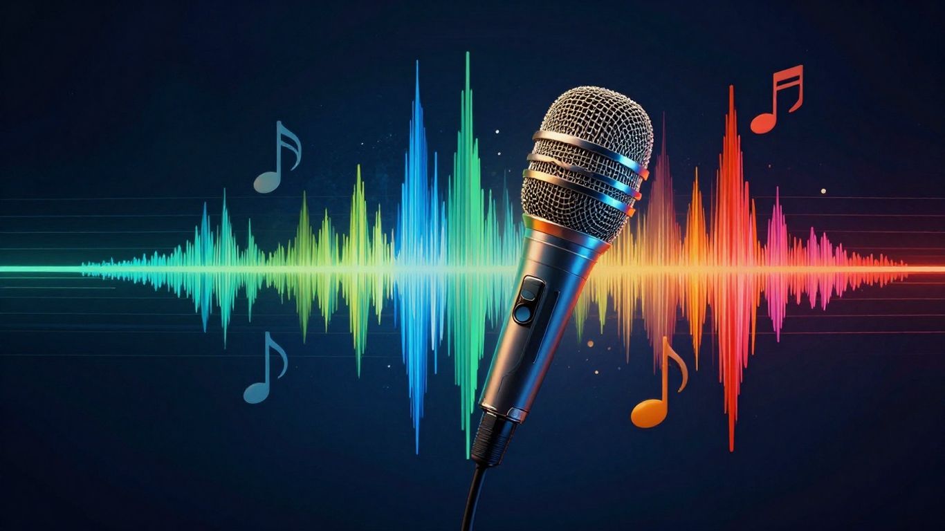 Sound waves becoming music notes and instruments.