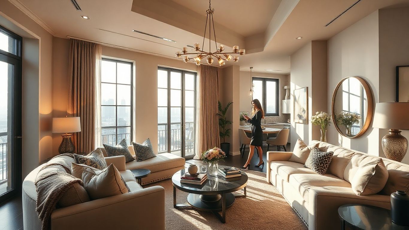 Luxurious Airbnb interior with elegant decor and soft lighting.