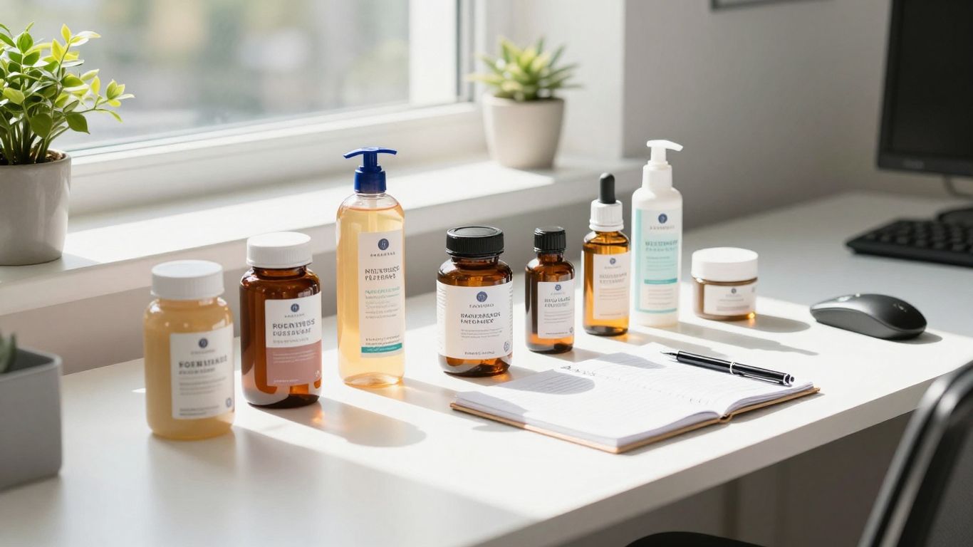 A workspace with wellness products
