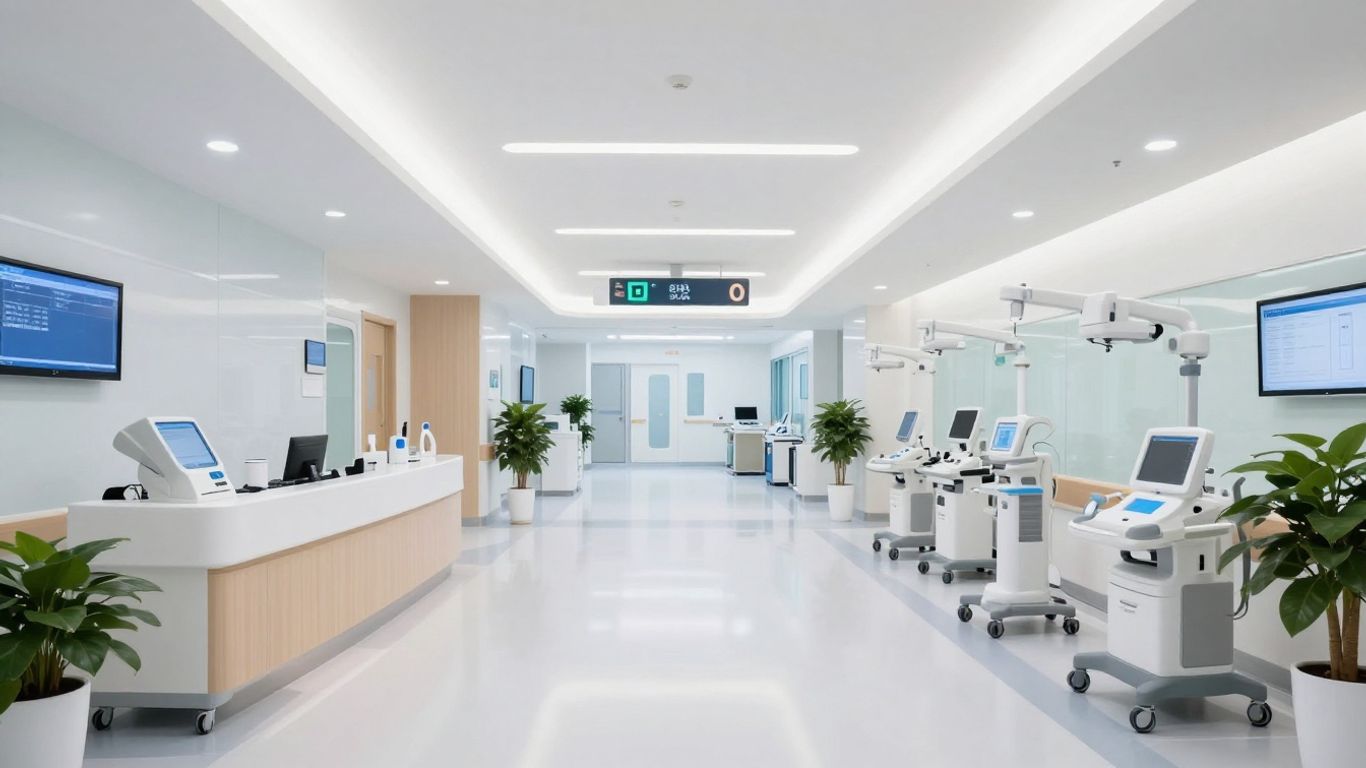 Hospital interior with bright LED lighting.
