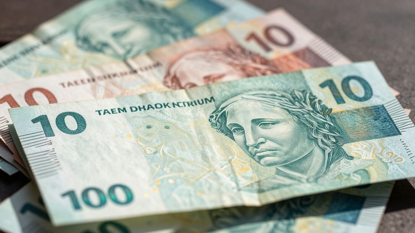 Dinheiro brasileiro com luz solar, indicando crescimento financeiro.