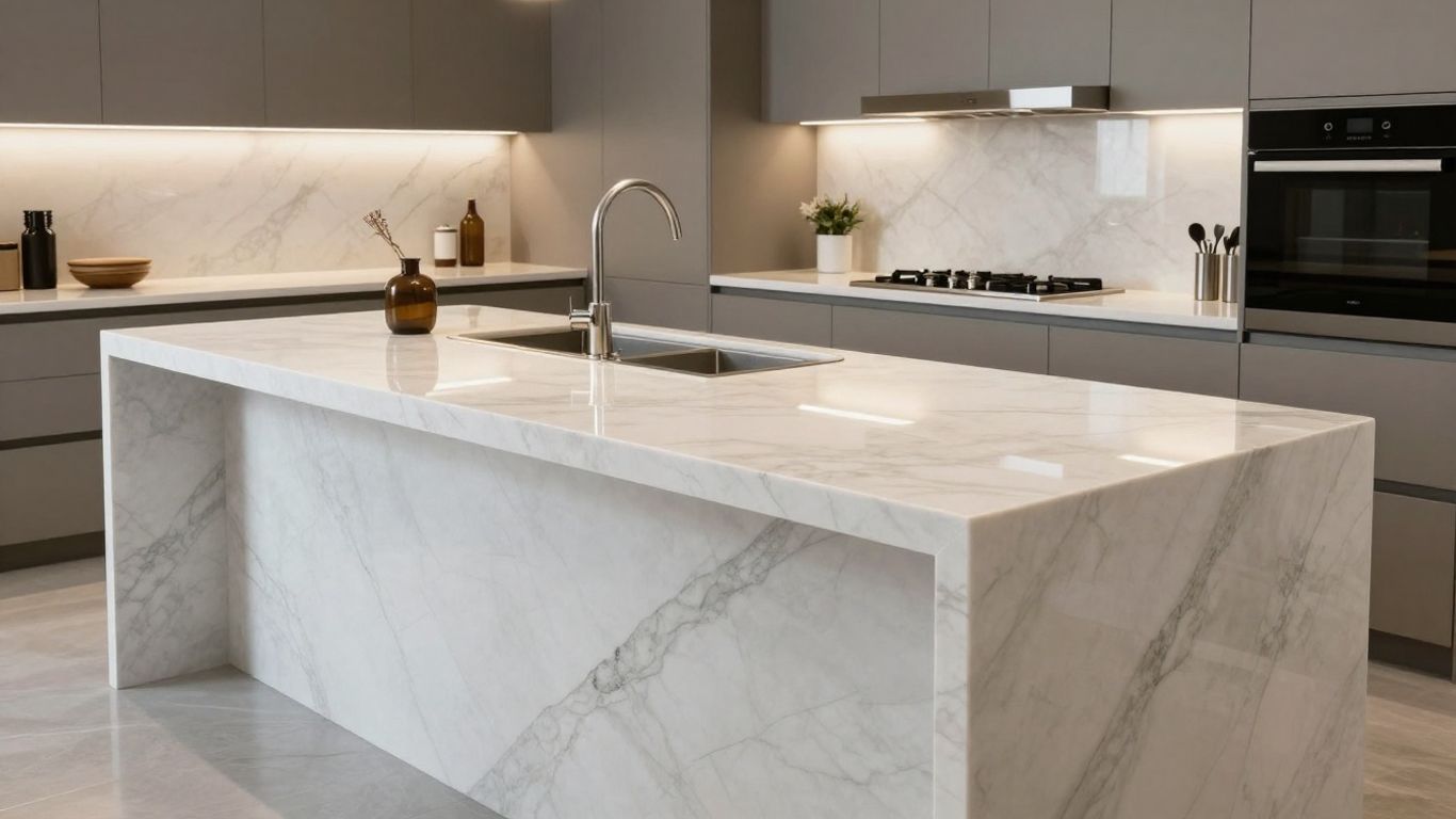 Elegant kitchen with a polished white marble countertop.