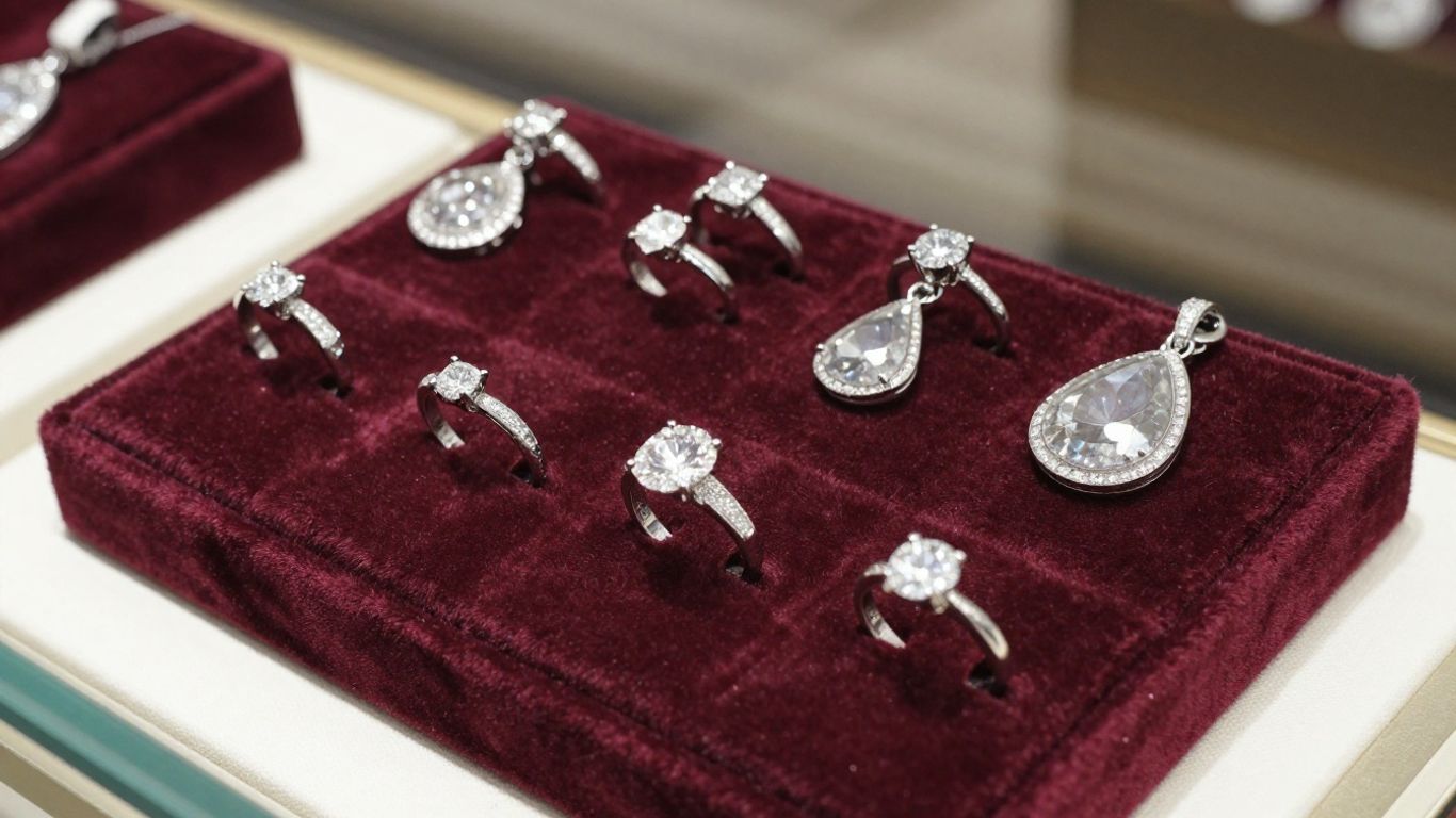 Close-up of diamond jewelry sets displayed for sale