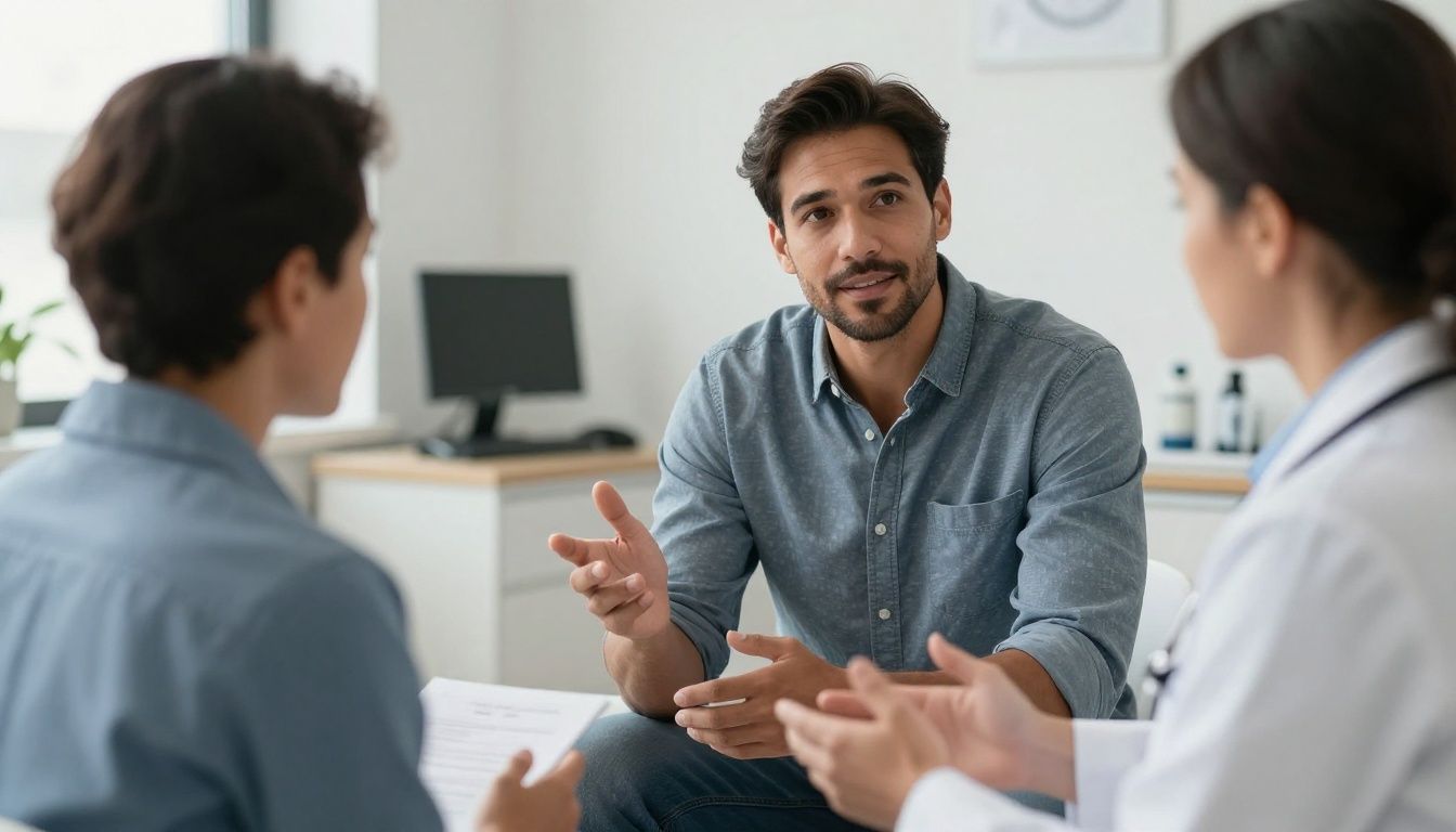 Realistic premium men’s health consultation in an upscale clinic, confident diverse man in his 30s to 50s discussing testosterone and fertility with a professional provider, subtle lab equipment in the background, natural lighting, polished but trustworthy atmosphere, no text or logos