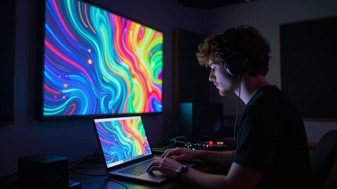 Musician with AI-generated visuals in a studio.