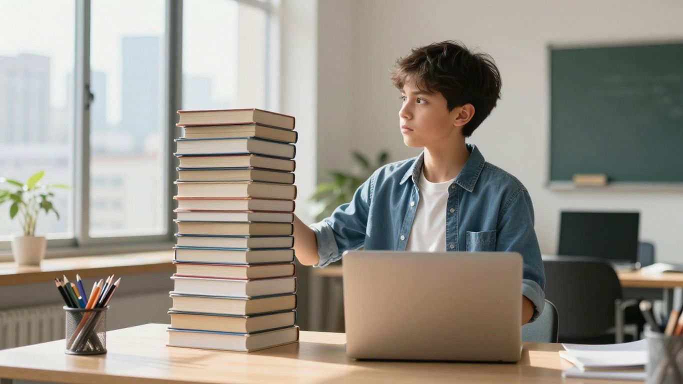 Estudiante equilibrando libros y portátil con futuro laboral.
