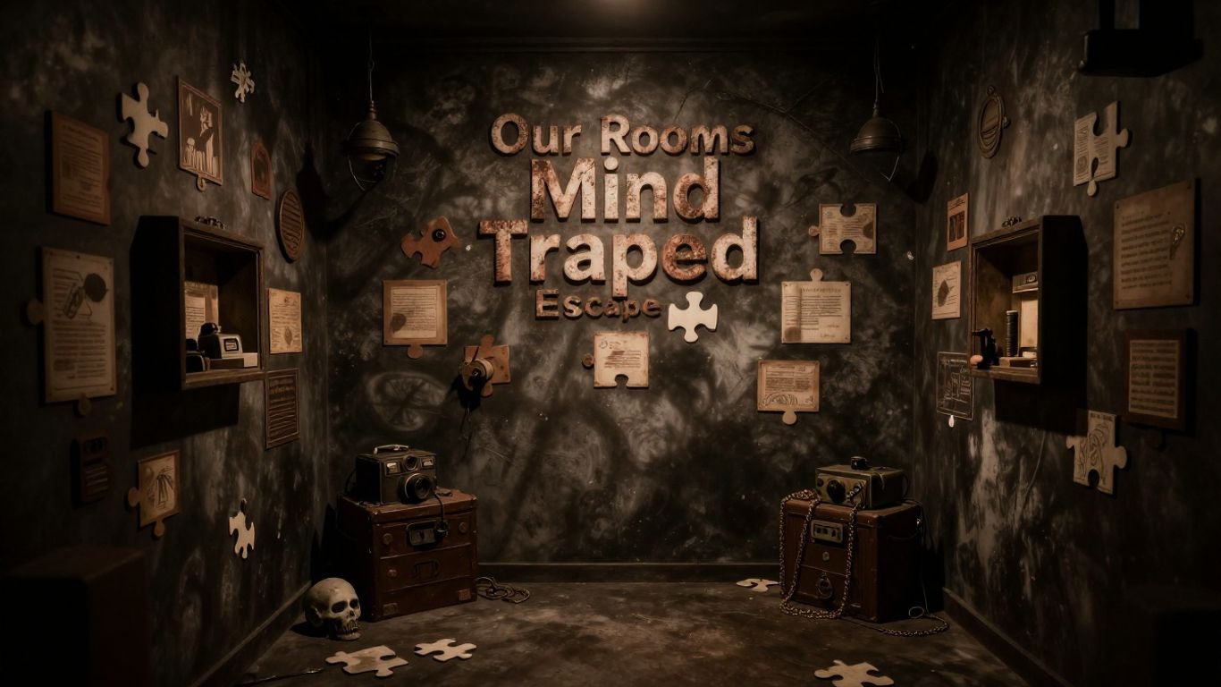 Escape room interior with puzzles and mysterious objects.