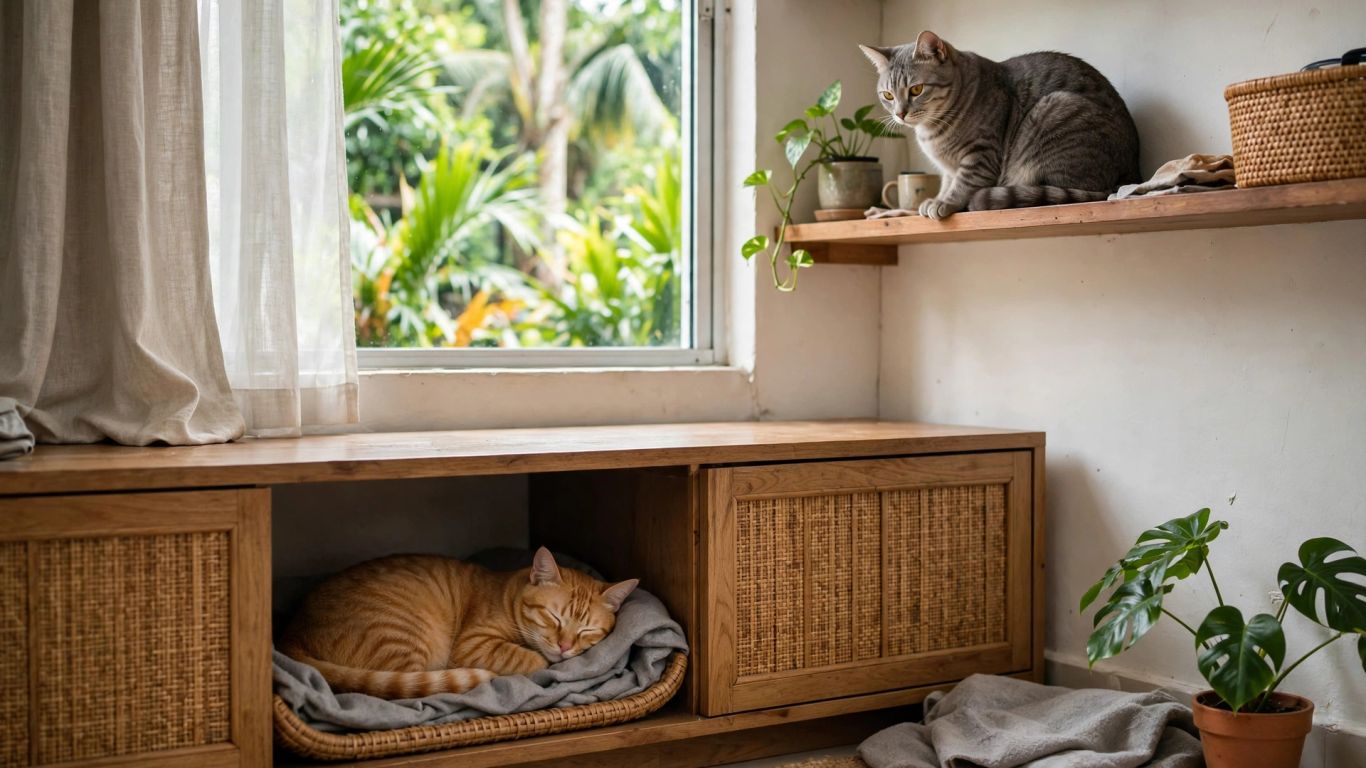 Cat watching another from a quiet apartment perch