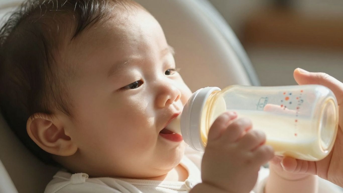 Bebé feliz con un biberón de leche hidrolizada.
