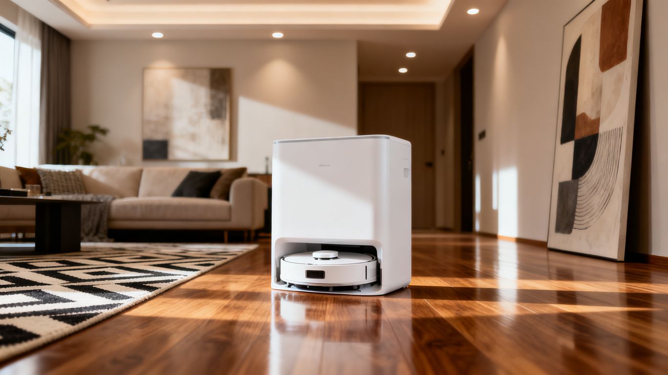 A sleek white dehumidifier in a living room