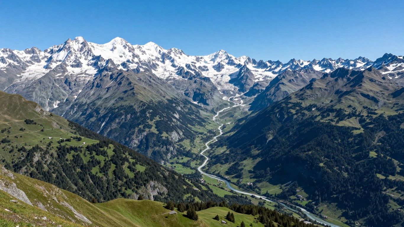 Majestic French Alps mountains with green valleys and river.
