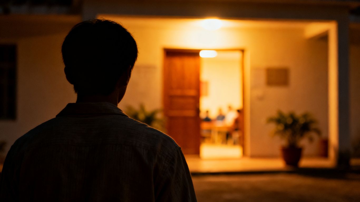 Person walking away from a support service building.