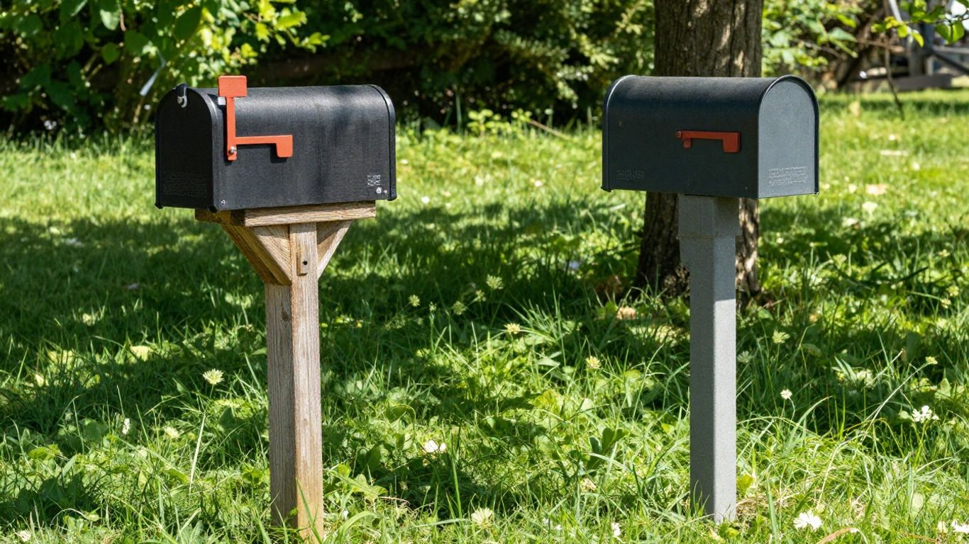 Mailbox posts made of wood and composite materials.