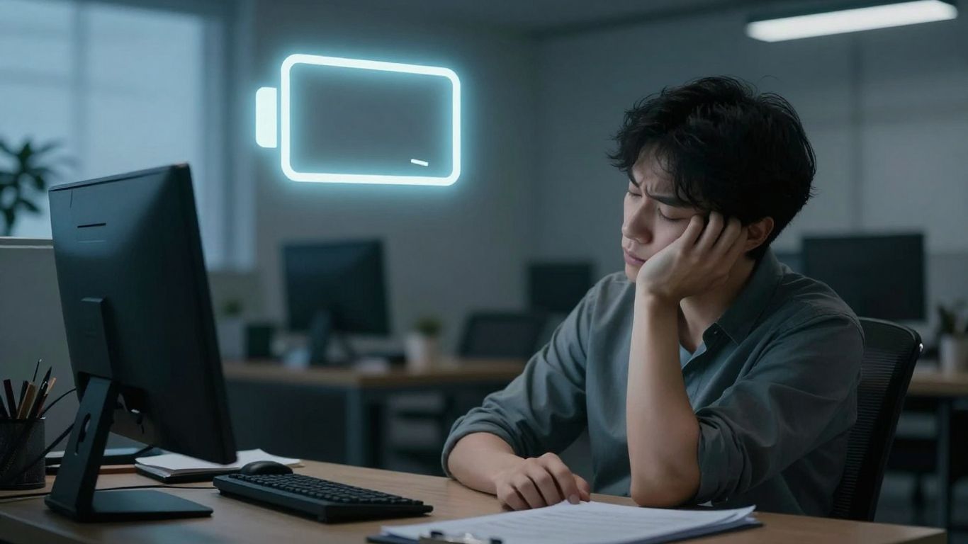 Person with a drained battery icon above their head.