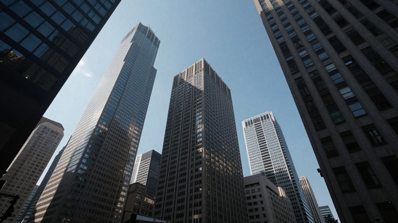 Oraș cu clădiri înalte și soare.