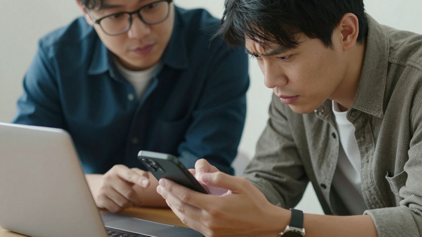 Person reviewing app idea on a smartphone with another person.