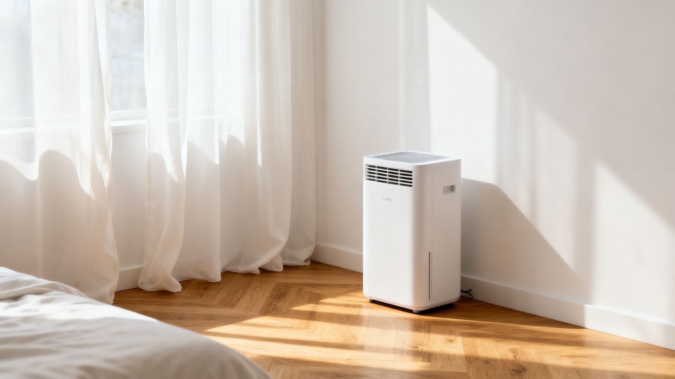 A clean minimalist bedroom with a modern dehumidifier