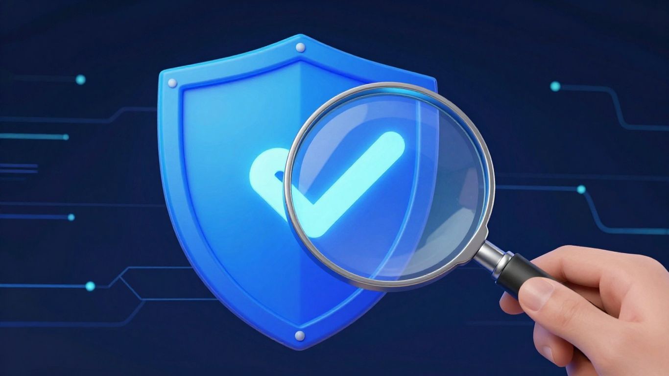 Phishing link detection shield and magnifying glass.