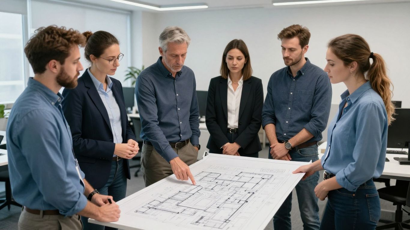 Arbeitssicherheit im Büro: Team bespricht Sicherheitsmaßnahmen.