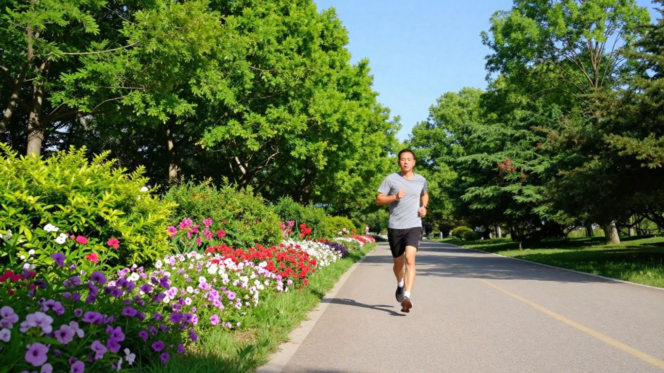 Person exercising outdoors on a sunny day.