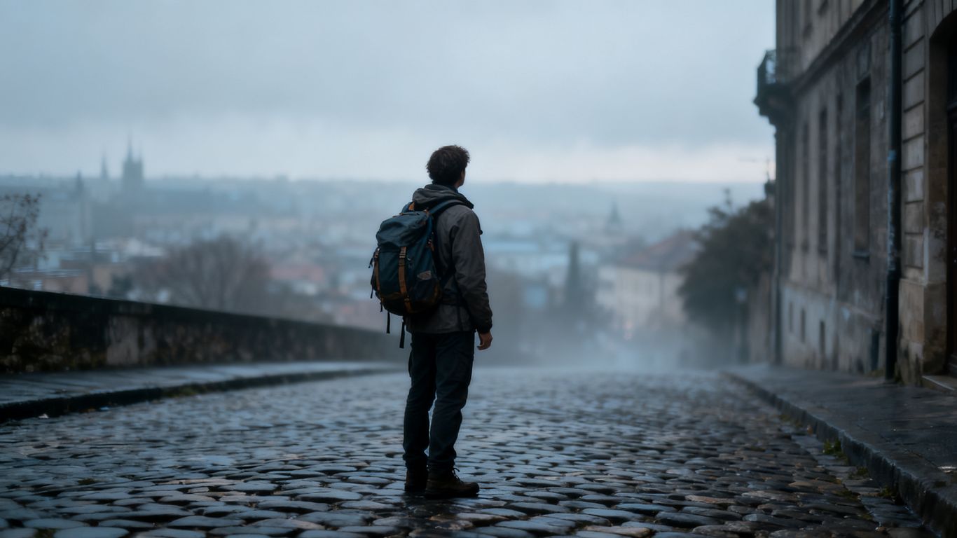 Traveler cautiously observing a city during political unrest.
