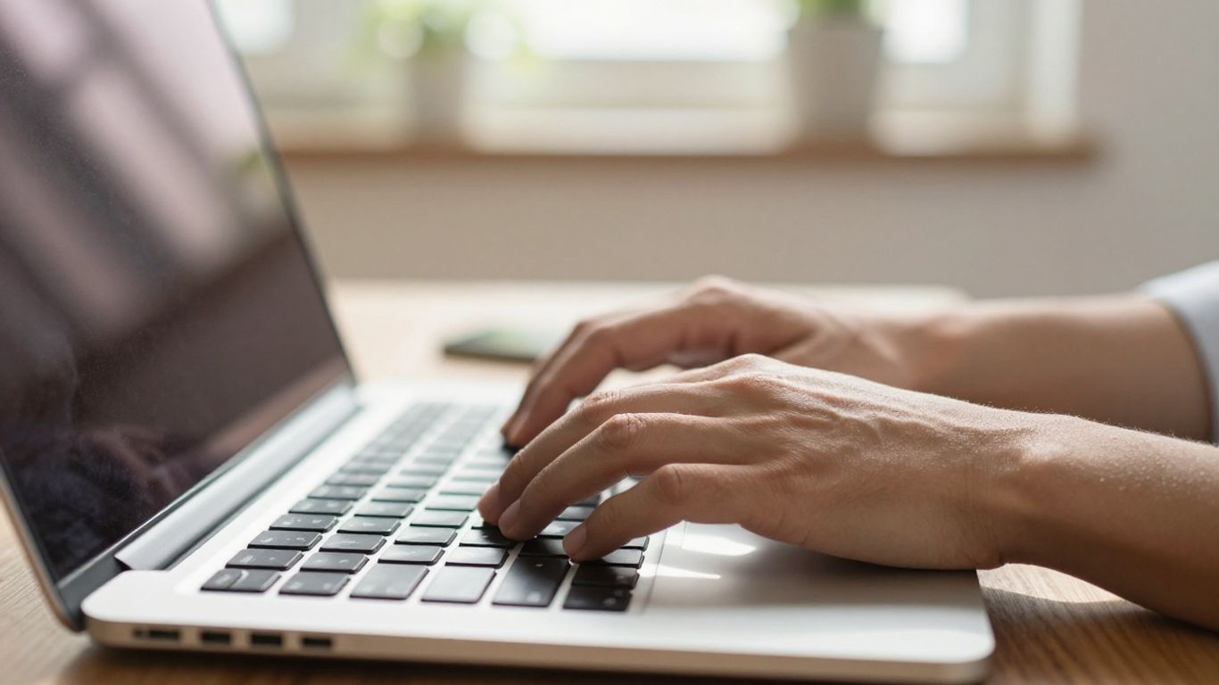 Hands typing on a laptop keyboard for affiliate marketing.