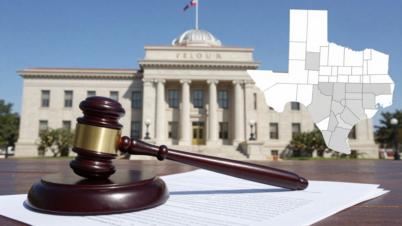 Texas courthouse and county map with gavel.