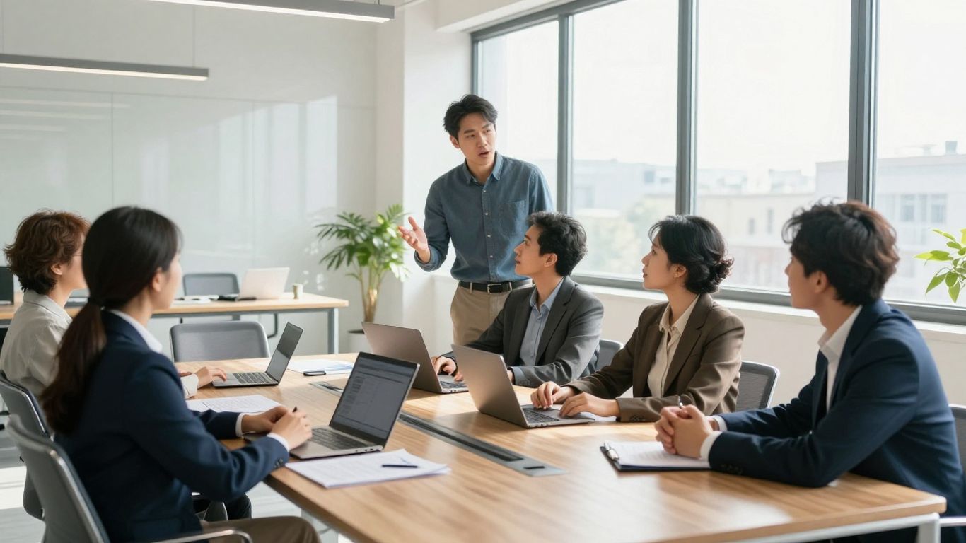 Team collaborating in a modern office with sunlight.
